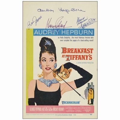 33: Window Card (14" x 22") Autographed by Audrey Hepburn, George Peppard, Henry Mancini, and Mickey Rooney (JSA COA); Near Mint ### BREAKFAST AT TIFFANY'S (1961)