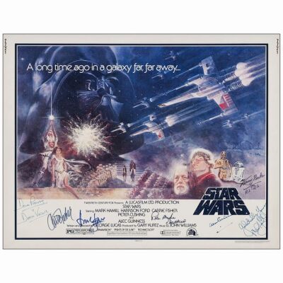 262: Half Sheet (22" x 28") (JSA COA)Autographed by Alec Guinness, Mark Hamill, Carrie Fisher, Harrison Ford, David Prowse, Kenny Baker, Peter Mayhew, and Anthony Daniels. (Beckett COA); Very Fine+ Rolled ### STAR WARS: A NEW HOPE (1977)