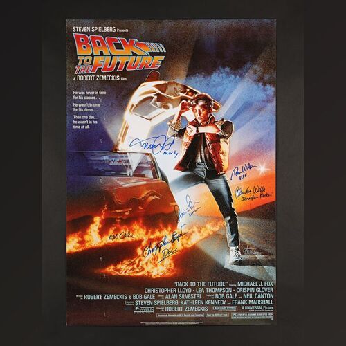26. Michael J. Fox, Christopher Lloyd, Tom Wilson, Lea Thompson, Claudia Wells and Bob Gale Autographed Poster ### BACK TO THE FUTURE (1985)