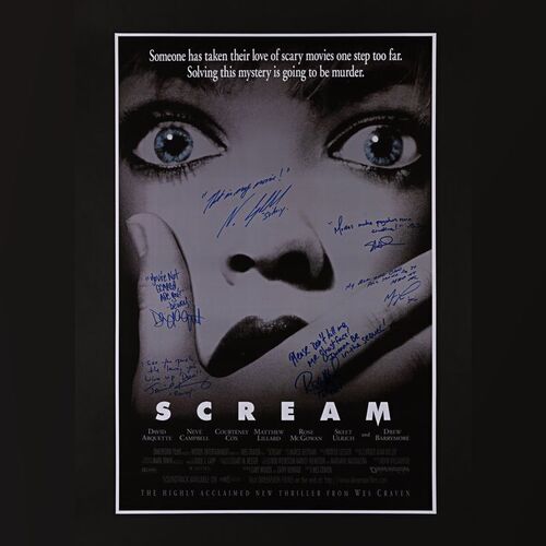 310. Neve Campbell, David Arquette, Matthew Lillard, Skeet Ulrich, Rose McGowan and Jamie Kennedy Autographed Poster ### SCREAM (1996)