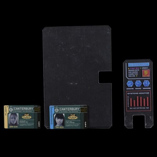 Lot # 12: The Expanse (2015-2022): Ade Nygaard (Kristen Hager) and Himchee Lynn Canterbury IDs, Comm with Decal, and Belter Tablet