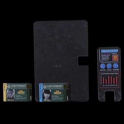 Lot # 12: The Expanse (2015-2022): Ade Nygaard (Kristen Hager) and Himchee Lynn Canterbury IDs, Comm with Decal, and Belter Tablet