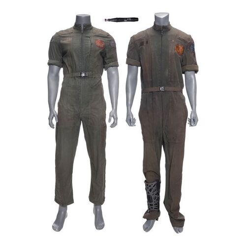 Lot # 23: The Expanse (2015-2022): Amos Burton's (Wes Chatham) Rocinate Jumpsuit and Canterbury/Beratnas Gas Bloody Stunt Jumpsuit with Leg Cast and Injector