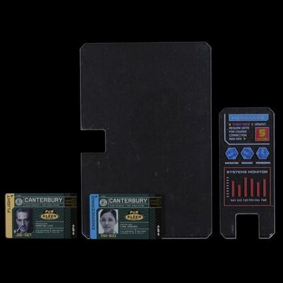 Lot # 24: The Expanse (2015-2022): Pair of Canterbury IDs, Comm with Decal, and Belter Tablet