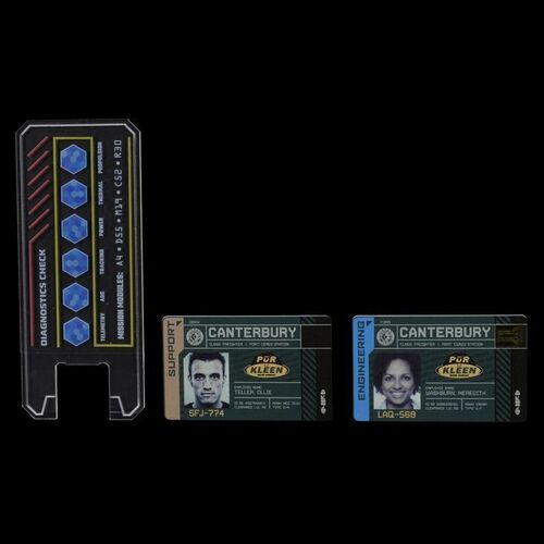 Lot # 29: The Expanse (2015-2022): Pair of Canterbury Ship Employee IDs and Comm with Decal