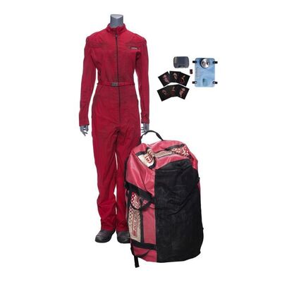 Lot # 51: The Expanse (2015-2022): Julie Mao's (Florence Faivre) Scopuli Coveralls with Light-up Boots, Razorback Bag, Survival Accessories, and Photos