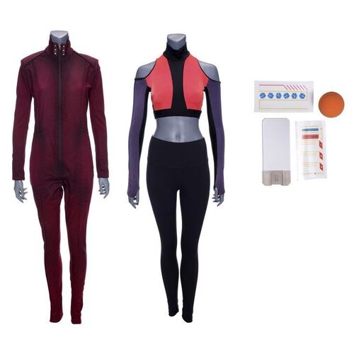 Lot # 52: The Expanse (2015-2022): Naomi Nagata's (Dominique Tipper) Handball Athletic Wear and Red Coveralls with Comm Device and Decals