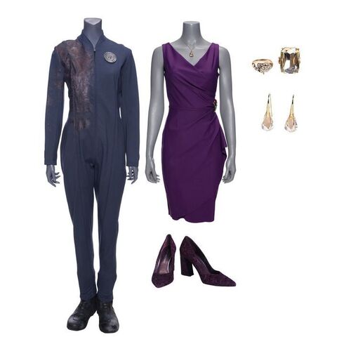 Lot # 152: The Expanse (2015-2022): Tilly Fagan's (Genelle Williams) Flashback Mao Party Dress and Thomas Prince Stunt Coveralls with Light-up Boots