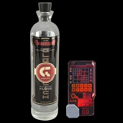 Lot # 170: The Expanse (2015-2022): Roberta "Bobbie" Draper's (Frankie Adams) MCRN Light-Up Comm and Mars Bourbon Whiskey Bottle