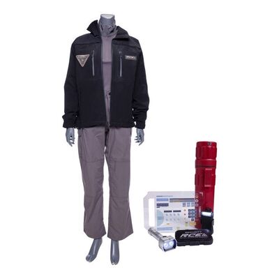 Lot # 174: The Expanse (2015-2022): Chandra Wei's (Jess Salgueiro) New Terra Costume with RCE Security Accessories and RCE Science Tablet
