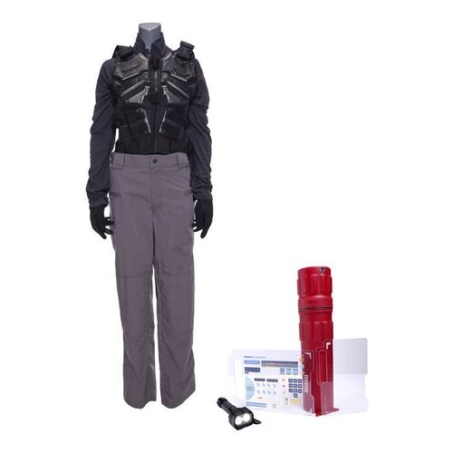 Lot # 192: The Expanse (2015-2022): Chandra Wei's (Jess Salgueiro) RCE Security Vest and Uniform with RCE Security Accessories, and RCE Tablets