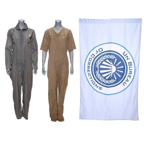 Lot # 241: The Expanse (2015-2022): Clarissa Mao's (Nadine Nicole) Prison Jumpsuit, Flag, and Rocinate Coveralls