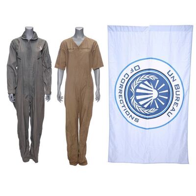 Lot # 241: The Expanse (2015-2022): Clarissa Mao's (Nadine Nicole) Prison Jumpsuit, Flag, and Rocinate Coveralls