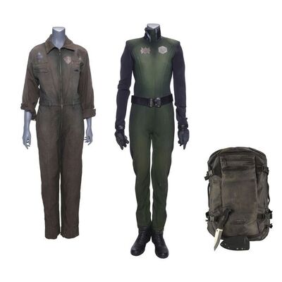 Lot # 256: The Expanse (2015-2022): Michio's (Vanessa Smythe) Vac Suit with Light-up Boots, and Coveralls with Gear Bag and Knife