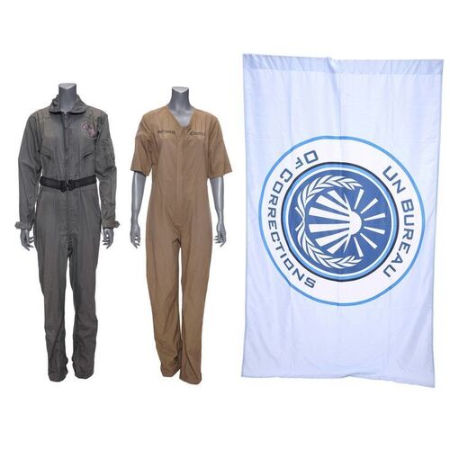 Lot # 258: The Expanse (2015-2022): Clarissa Mao's (Nadine Nicole) Prison Jumpsuit, Flag, and Rocinate Coveralls
