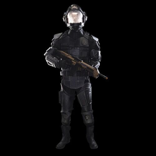 Lot # 293: The Expanse (2015-2022): Glen Miller's UNN Guard Complete Spacesuit Uniform with Light-up Helmet, Armor, Pack, Light-up Boots, and Rifle
