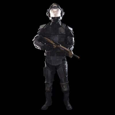 Lot # 293: The Expanse (2015-2022): Glen Miller's UNN Guard Complete Spacesuit Uniform with Light-up Helmet, Armor, Pack, Light-up Boots, and Rifle