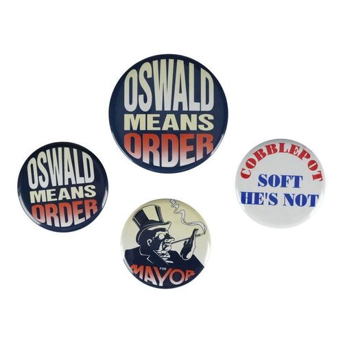 567. Set of Four Oswald Cobblepot (Danny DeVito) Mayoral Campaign Buttons ### BATMAN RETURNS (1992)