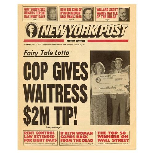 1017. New York Post Newspaper of Charlie Long (Nicholas Cage) and Yvonne Biasi (Bridget Fonda) ### IT COULD HAPPEN TO YOU (1994)