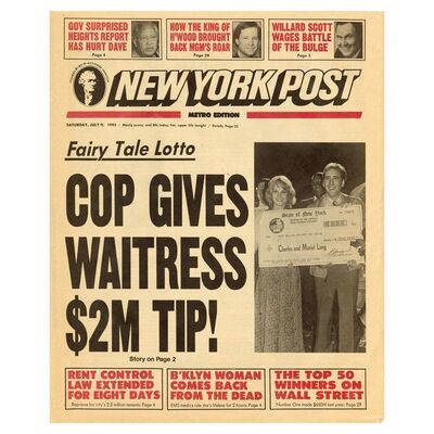 1017. New York Post Newspaper of Charlie Long (Nicholas Cage) and Yvonne Biasi (Bridget Fonda) ### IT COULD HAPPEN TO YOU (1994)