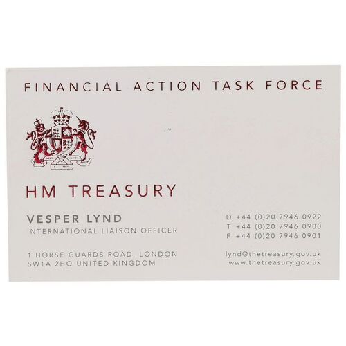 1028. Vesper Lynd's (Eva Green) HM Treasury Business Card ### JAMES BOND: CASINO ROYALE (2006)