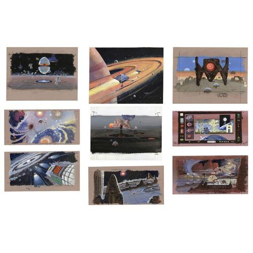 1364. Douglas Trumbull Collection: Set of Nine Hand-Painted Robert McCall "City In The Sky" Artwork Boards ### ROBERT MCCALL ARTWORK