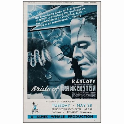 58. British Trade Advertisement (11" x 17"); Very Fine+ on Linen ### THE BRIDE OF FRANKENSTEIN (1935)