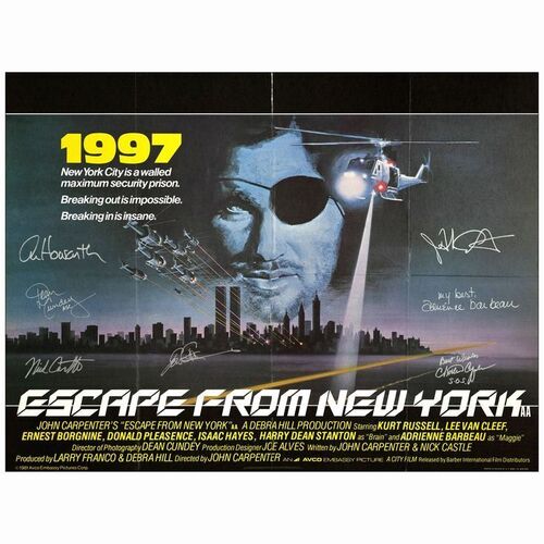 120. British Quad (30" x 40") Signed by Director John Carpenter, Nick Castle, Alan Howarth, Dean Cundey Tom Atkins, Adrienne Barbeau and Charles Cyphers (JSA COA); Very Fine Folded ### ESCAPE FROM NEW YORK (1981)