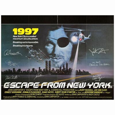 120. British Quad (30" x 40") Signed by Director John Carpenter, Nick Castle, Alan Howarth, Dean Cundey Tom Atkins, Adrienne Barbeau and Charles Cyphers (JSA COA); Very Fine Folded ### ESCAPE FROM NEW YORK (1981)
