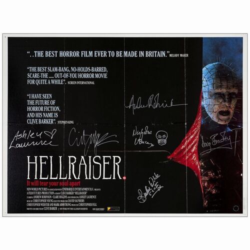 169. British Quad (30" x 40") Signed by Director Clive Barker, Ashley Lawrence, Doug Bradley, and Claire Higgins; Very Fine Folded ### HELLRAISER (1987)