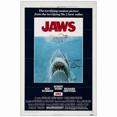 225. One Sheet (27" x 41") Signed by Susan Backlinie, Richard Dreyfuss and Artist Roger Kastel (JSA COA); Very Fine Folded ### JAWS (1975)