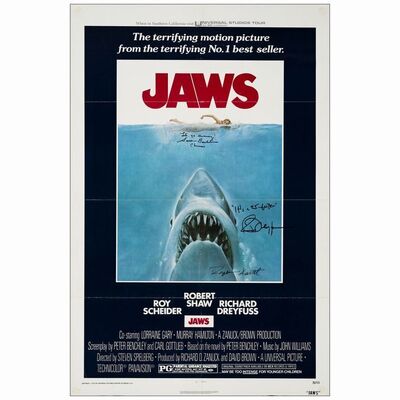 225. One Sheet (27" x 41") Signed by Susan Backlinie, Richard Dreyfuss and Artist Roger Kastel (JSA COA); Very Fine Folded ### JAWS (1975)