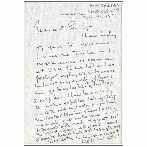 344. Letter (8.5" x 11") Handwritten by Katharine Hepburn on Spencer Tracy's personal letterhead describing Tracy's recent death (JSA COA); Very Fine ### KATHARINE HEPBURN - HANDWRITTEN SIGNED LETTER ON SPENCER TRACY'S LETTERHEAD (1967)