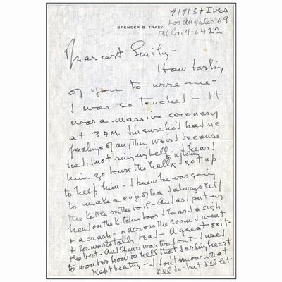 344. Letter (8.5" x 11") Handwritten by Katharine Hepburn on Spencer Tracy's personal letterhead describing Tracy's recent death (JSA COA); Very Fine ### KATHARINE HEPBURN - HANDWRITTEN SIGNED LETTER ON SPENCER TRACY'S LETTERHEAD (1967)