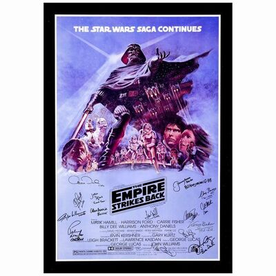 374. Commercial Poster (25.75" x 38.5") Signed by Mark Hamill, Carrie Fisher, Anthony Daniels, Kenny Baker, Peter Mayhew, Jeremy Bulloch, and others. (Beckett COA); Very Fine+ Mounted on Foam Core ### STAR WARS: THE EMPIRE STRIKES BACK (1980)
