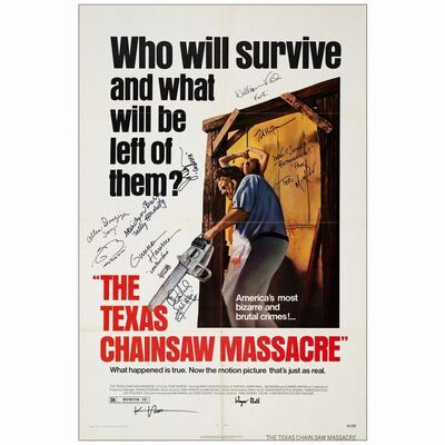 394. One Sheet (27" x 41") Signed by Director Tobe Hooper, Writer Kim Henkel, composer Wayne Bell and actors Marilyn Burns, Gunnar Hansen, John Dugan, Edwin Neal, Teri McMinn, William Vail, Ed Guinn, ### THE TEXAS CHAINSAW MASSACRE (1974)