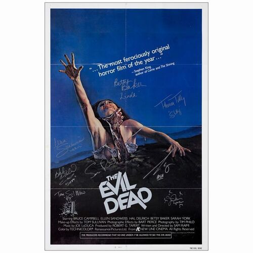 546. One Sheet (27" x 41") Signed by Director Sam Raimi, Bruce Campbell, Ellen Sandweiss, Betsy Baker, Theresa Tilly, Hal Delrich, composer Joseph LoDuca, and SPFX Tom Sullivan. (JSA COA); Very Fine F ### THE EVIL DEAD (1983)