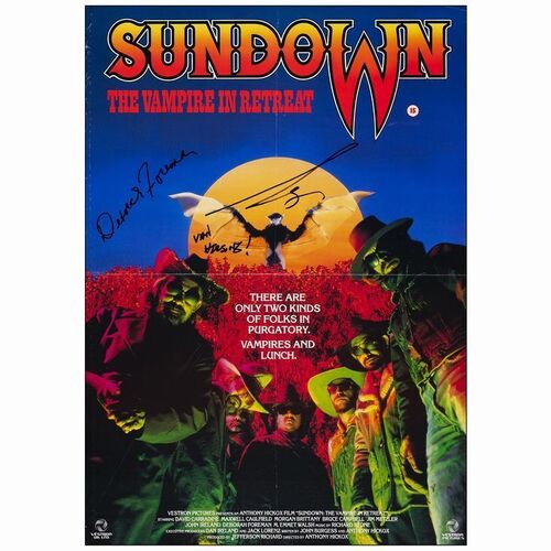 784. Full-Bleed British Video Shop Poster (16.5" x 23.5") Signed by Bruce Campbell and Deborah Foreman (JSA COA); Very Fine- Folded ### SUNDOWN: THE VAMPIRE IN RETREAT (1990)