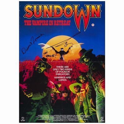 784. Full-Bleed British Video Shop Poster (16.5" x 23.5") Signed by Bruce Campbell and Deborah Foreman (JSA COA); Very Fine- Folded ### SUNDOWN: THE VAMPIRE IN RETREAT (1990)