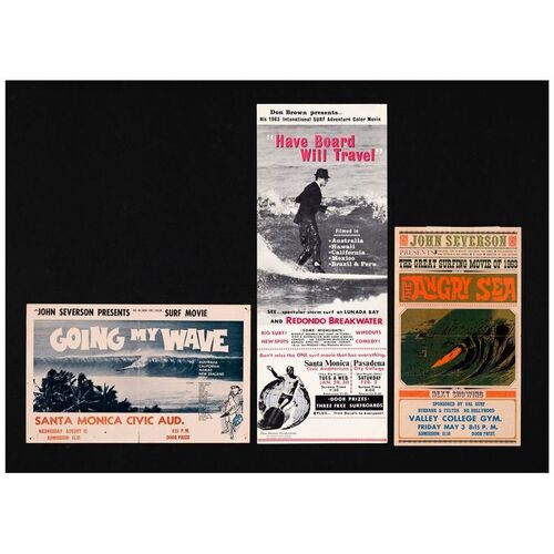 786. Surfing Film Broadsides (3) (8.25" x 14.25", 8.5" x 22", 14.5" x 9"); Fine+ Folded ### SURFING FILMS (c.1963)