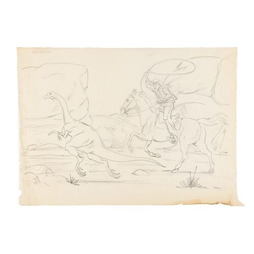 135. Ray Harryhausen Archive: Ray Harryhausen Hand-drawn Cowboy Chasing Ornithomimus Sketch ### THE VALLEY OF GWANGI (1969)