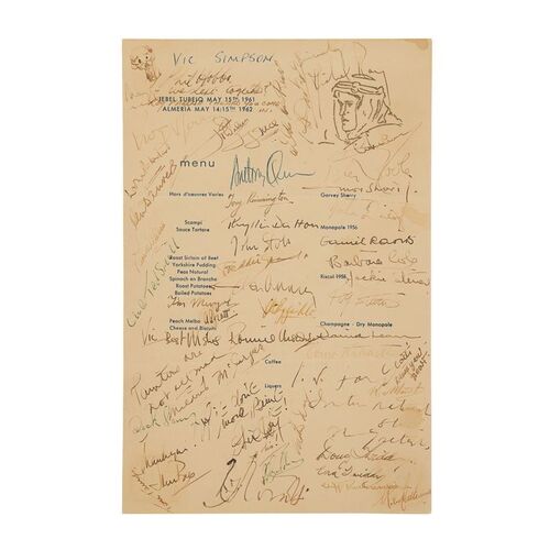 261. David Lean, Peter O'Toole, Omar Sharif, and Key Cast and Crew-autographed One-Year Anniversary Menu ### LAWRENCE OF ARABIA (1962)