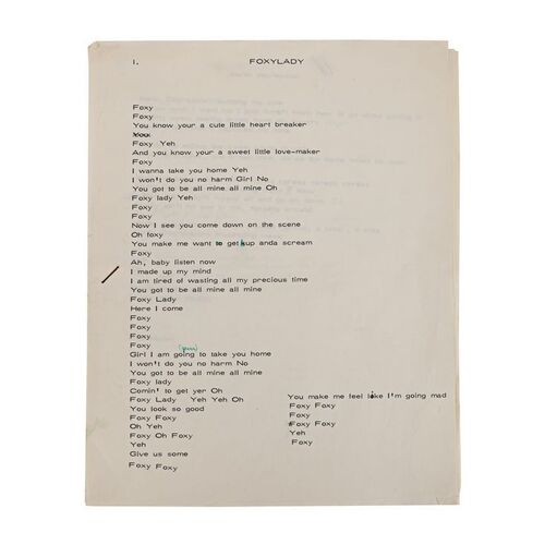547. The Patricia "Trixie" Sullivan Collection: Handwritten and Hand-annotated Typed "Are You Experienced" Album Lyrics ### JIMI HENDRIX