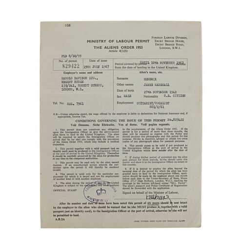 557. The Patricia "Trixie" Sullivan Collection: Jimi Hendrix's British Work Permit 19 July to 10 November 1967 ### JIMI HENDRIX