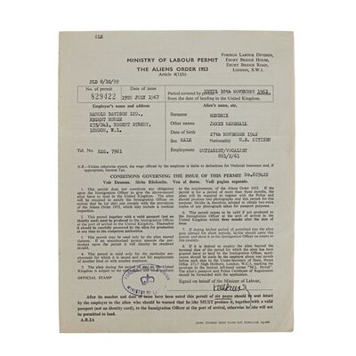 557. The Patricia "Trixie" Sullivan Collection: Jimi Hendrix's British Work Permit 19 July to 10 November 1967 ### JIMI HENDRIX