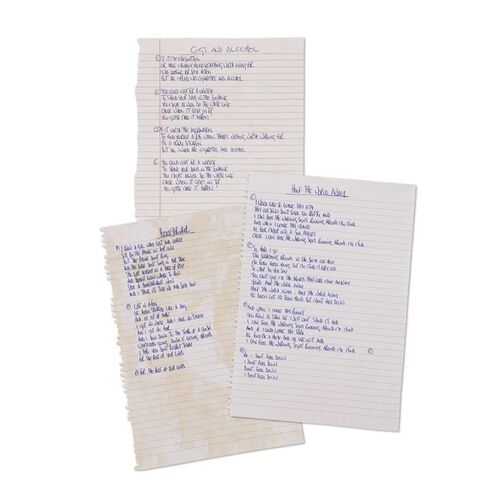 647. Lyrics for ''Cigarettes and Alcohol'', ''Half The World Away'' and ''Headshrinker'' Handwritten by Noel Gallagher ### OASIS
