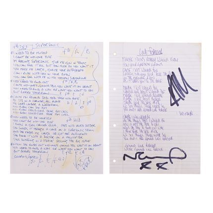 649. Noel Gallagher Handwritten "Supersonic" and Noel and Liam Gallagher Autographed "Live Forever" Lyrics ### OASIS