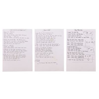 655. Noel Gallagher Handwritten "Stop Crying Your Heart Out", "She Is Love" and "Better Man" Lyrics ### OASIS