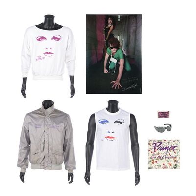 734. The Dr. Fink Collection: Purple Rain Tour T-Shirt, Sweatshirt, Jacket, Sunglasses, Autographed Poster, World Tour Programme and Guest Pass ### PRINCE AND THE REVOLUTION