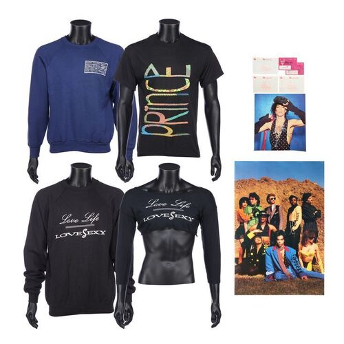 738. The Dr. Fink Collection: Two Lovesexy Tour Tops, Two Sweatshirts, Programme, Backstage Pass Stickers, Tickets and Poster ### PRINCE